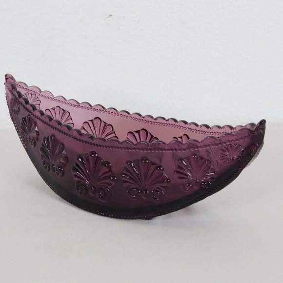 Amethyst Pressed Glass Console Bowl Half Moon Shell Scroll Starburst Vintage - Picture 3 of 8